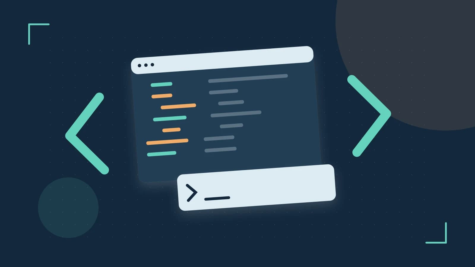 Editorial illustration of an abstract code editor, syntax blocks and oversized programming brackets