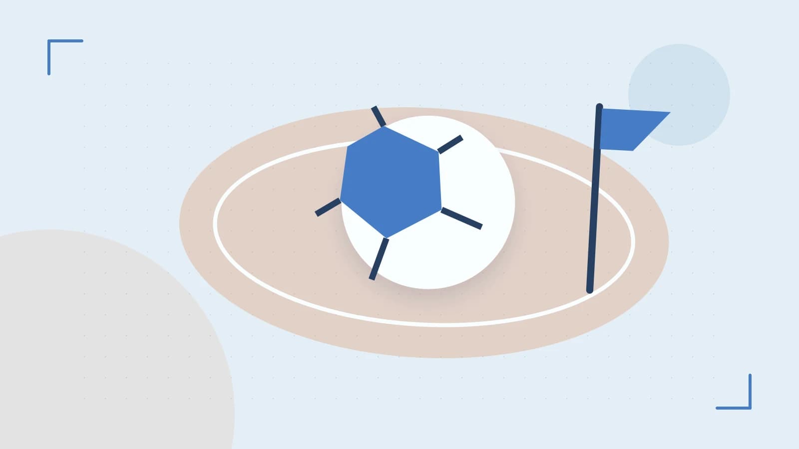 Editorial illustration of a stylized sports ball, stadium geometry and dynamic arcs
