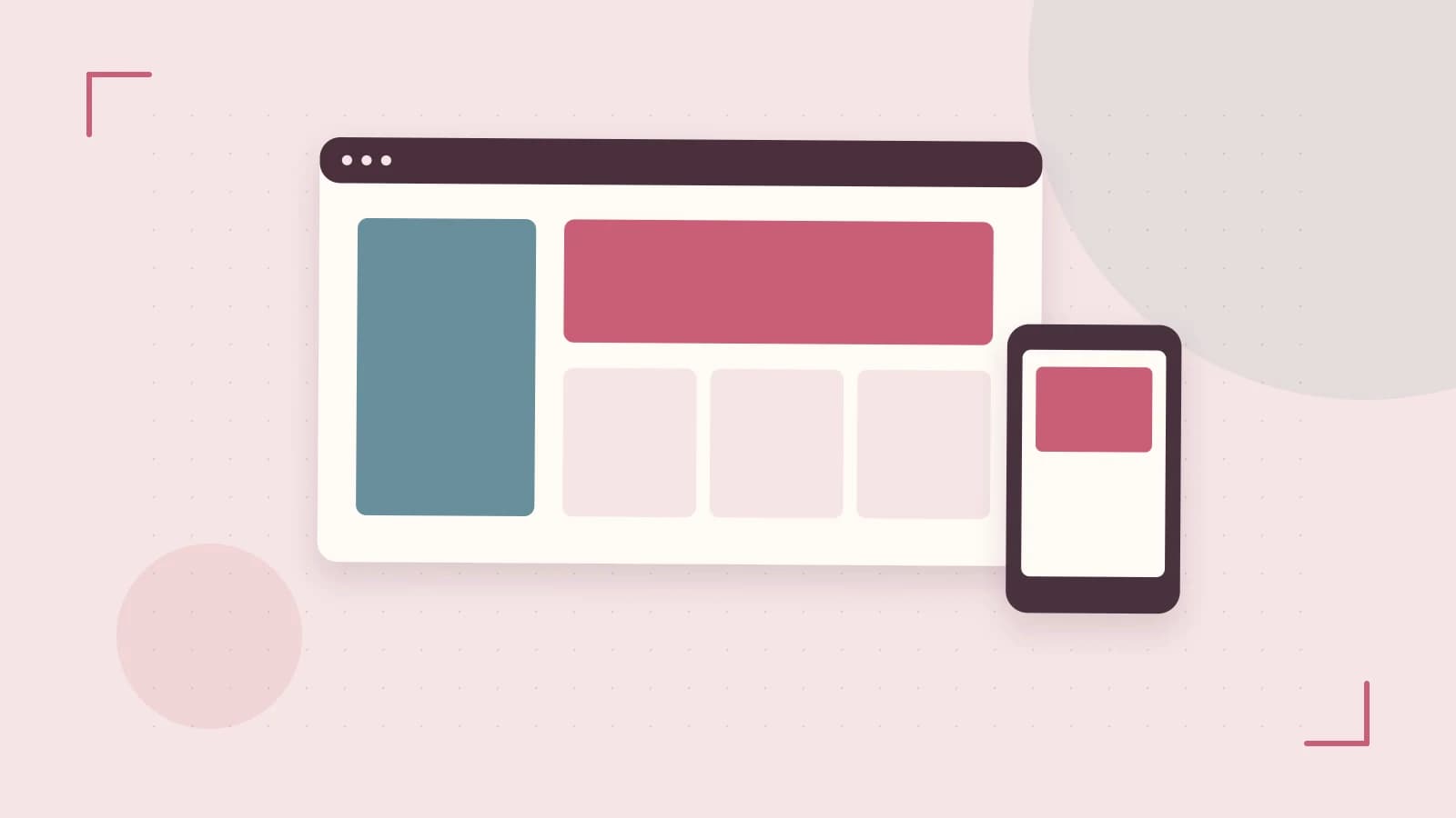 Editorial illustration of responsive browser layouts, overlapping design components and a color system
