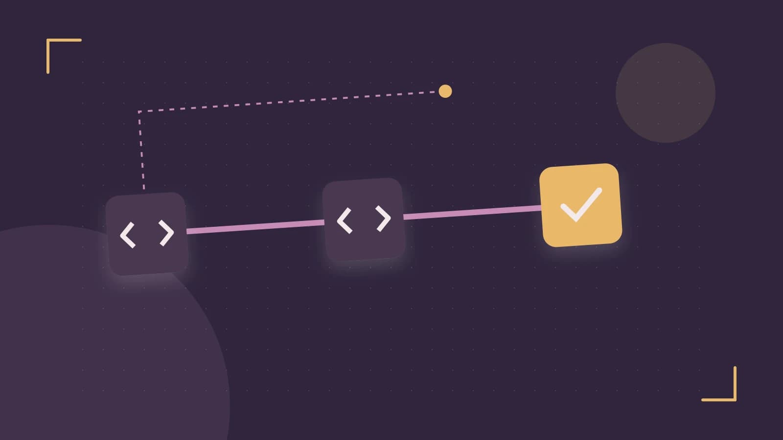 Editorial illustration of a branching build pipeline, staged transformations and a completed check