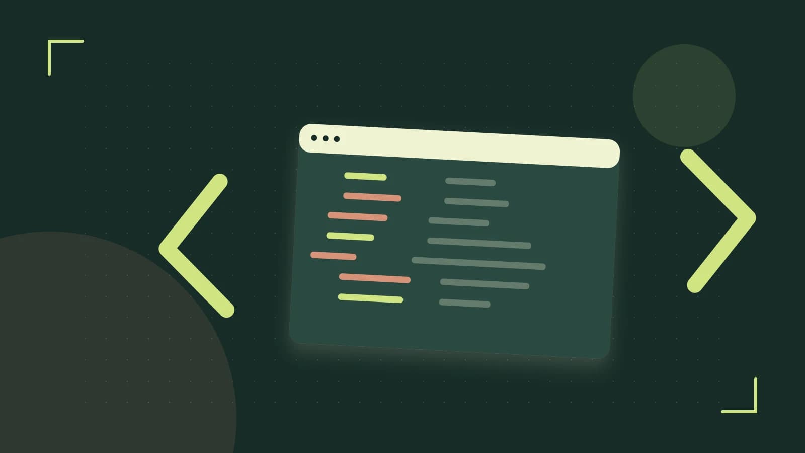 Editorial illustration of an abstract code editor, syntax blocks and oversized programming brackets