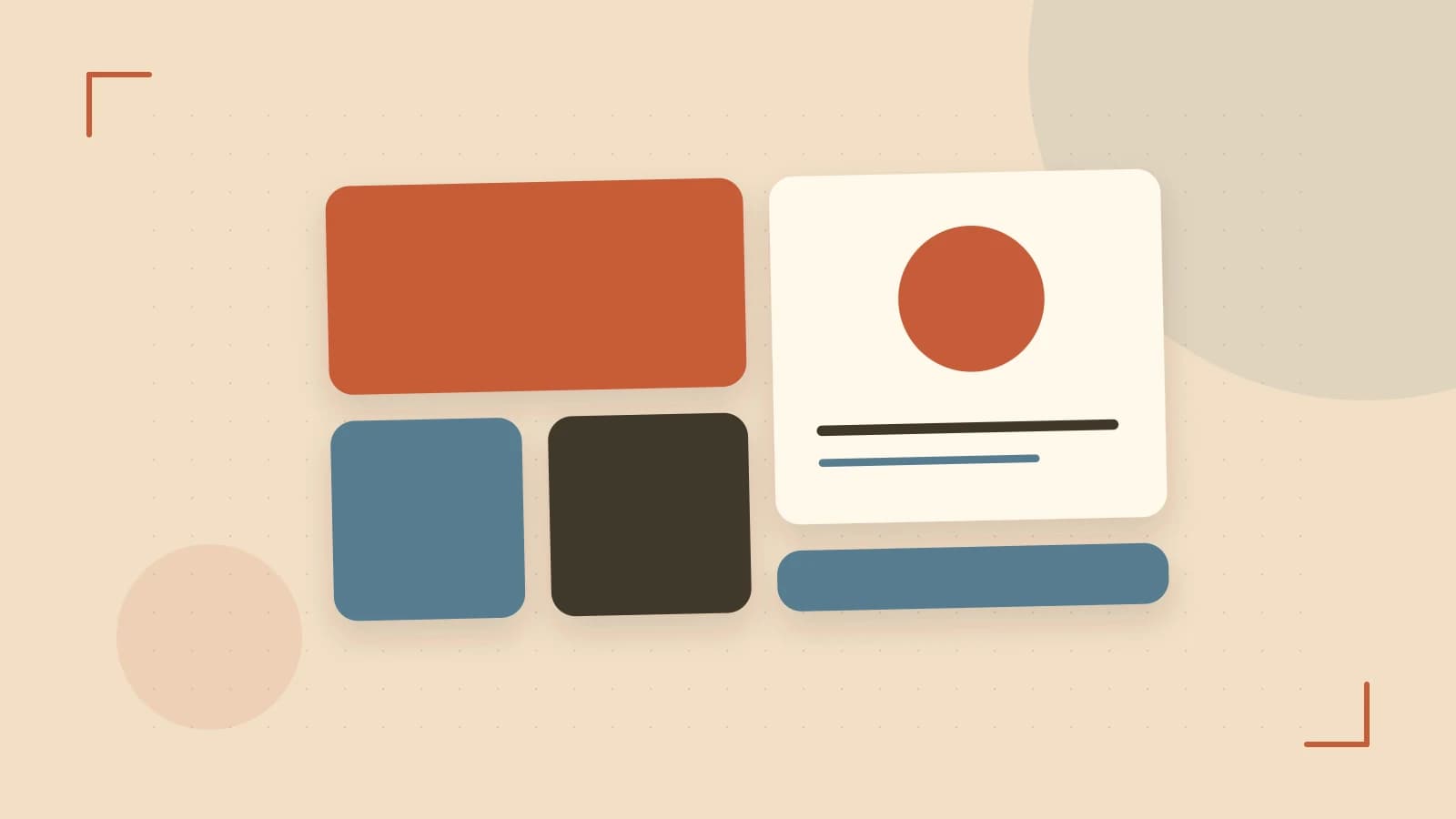Editorial illustration of responsive browser layouts, overlapping design components and a color system