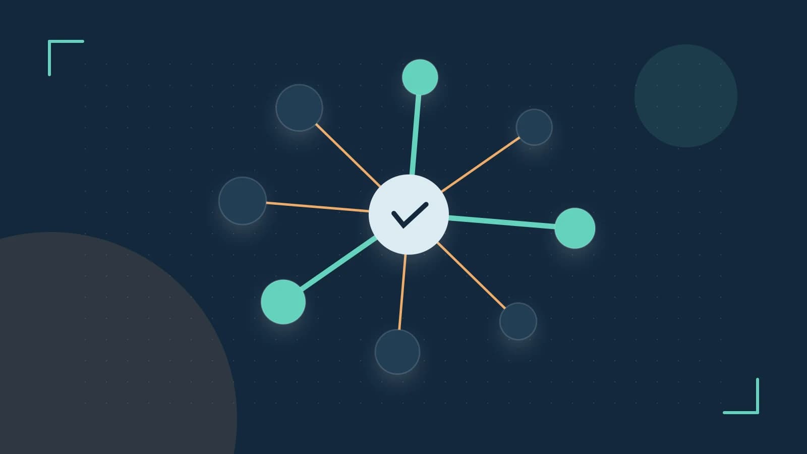Editorial illustration of an algorithmic node graph with branching paths and a highlighted result
