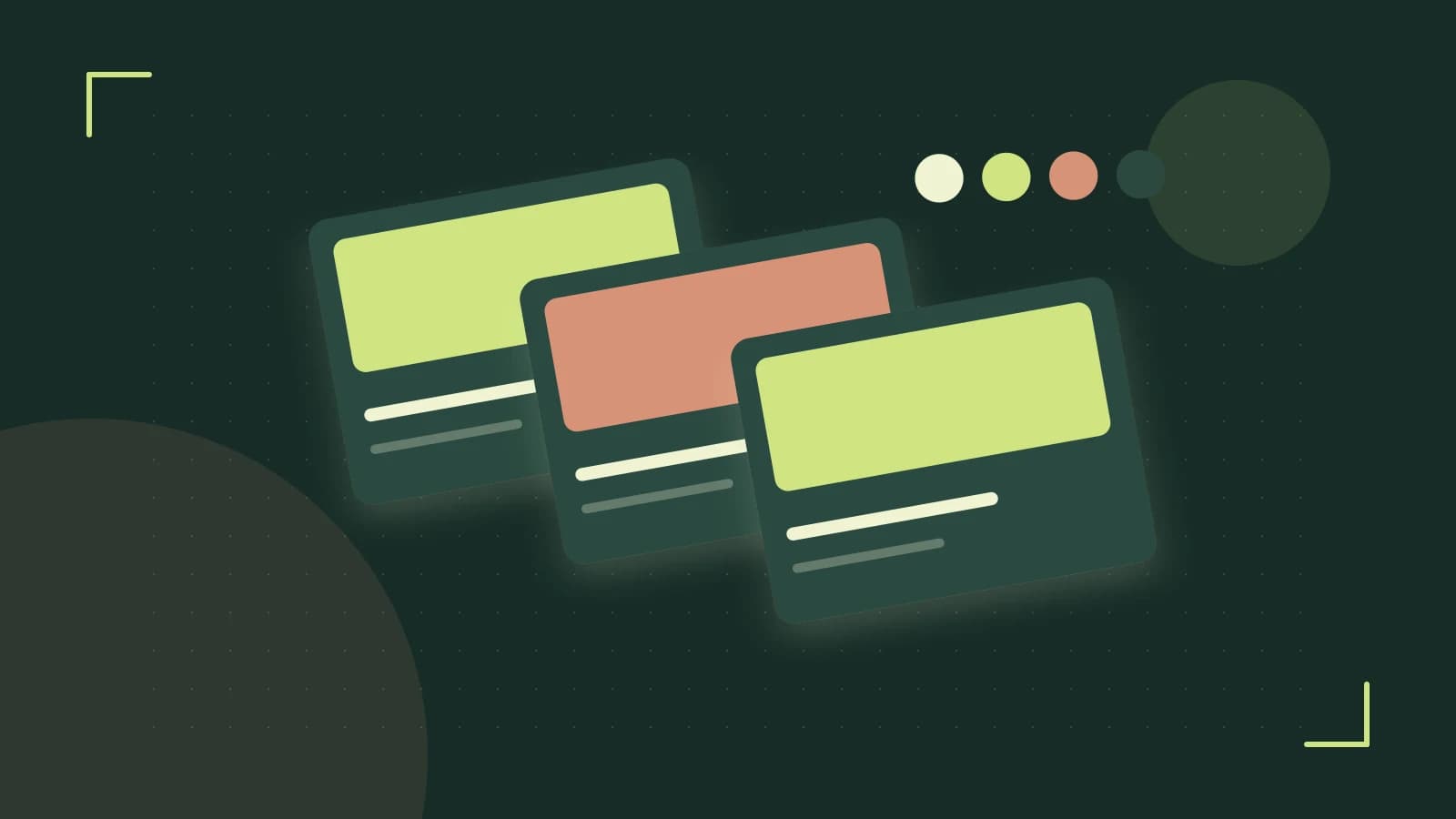 Editorial illustration of responsive browser layouts, overlapping design components and a color system