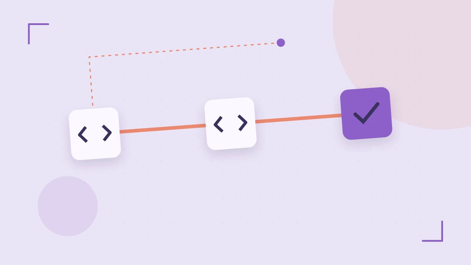 Editorial illustration of a branching build pipeline, staged transformations and a completed check