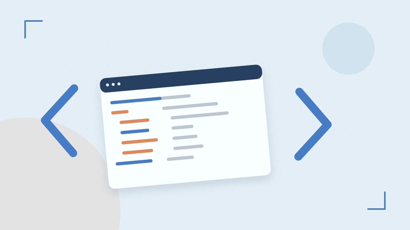 Editorial illustration of an abstract code editor, syntax blocks and oversized programming brackets