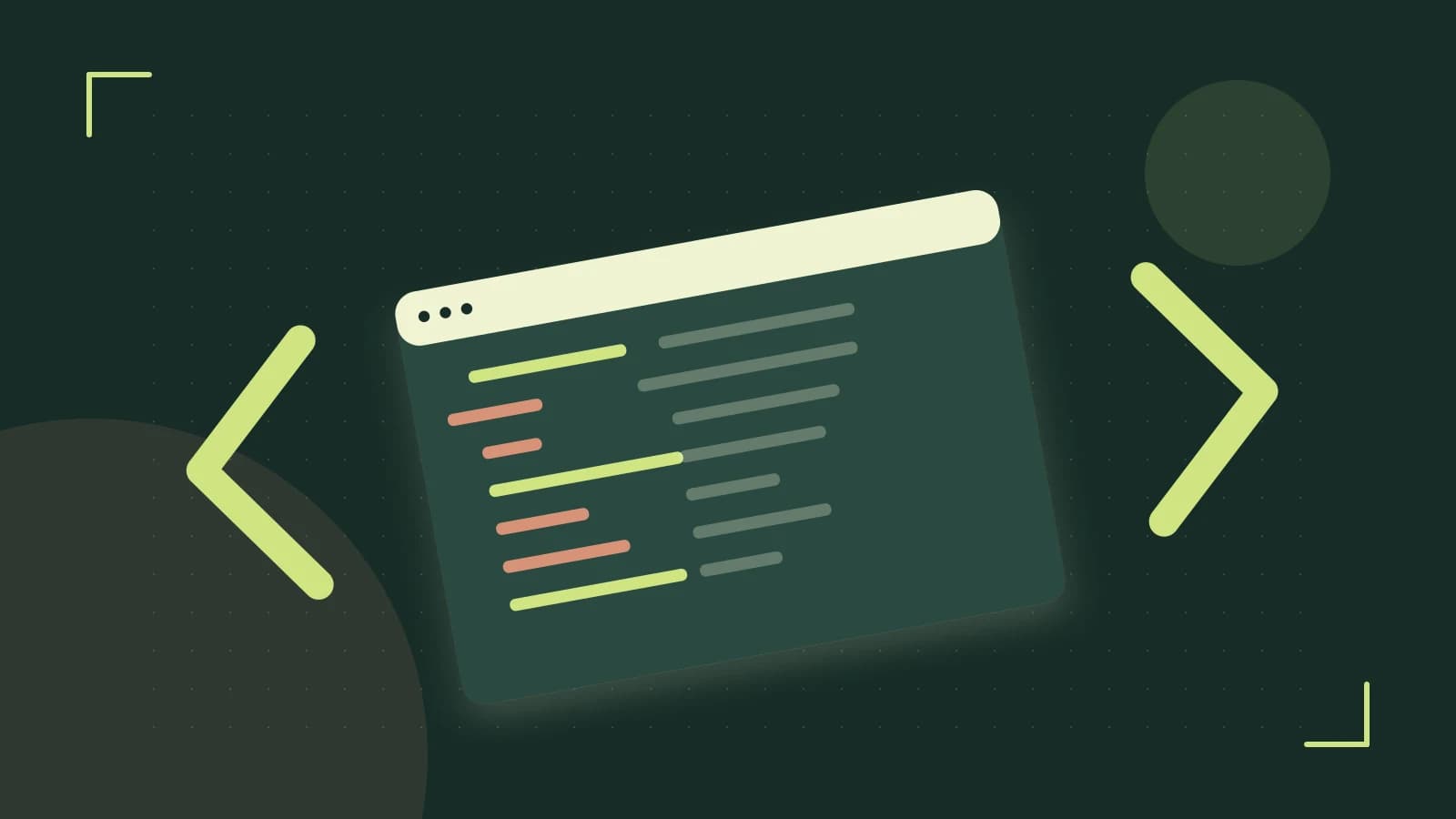 Editorial illustration of an abstract code editor, syntax blocks and oversized programming brackets
