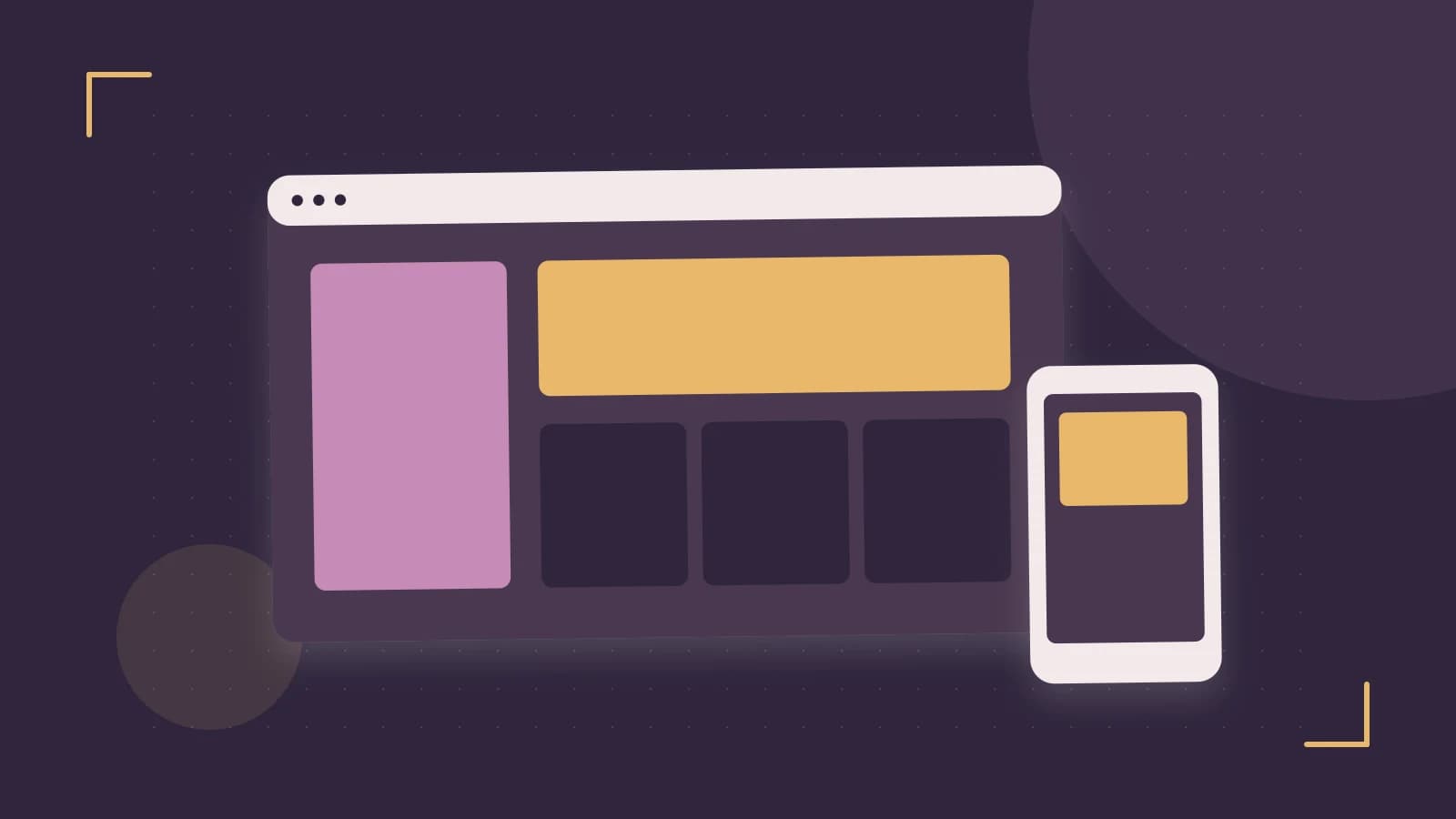 Editorial illustration of responsive browser layouts, overlapping design components and a color system