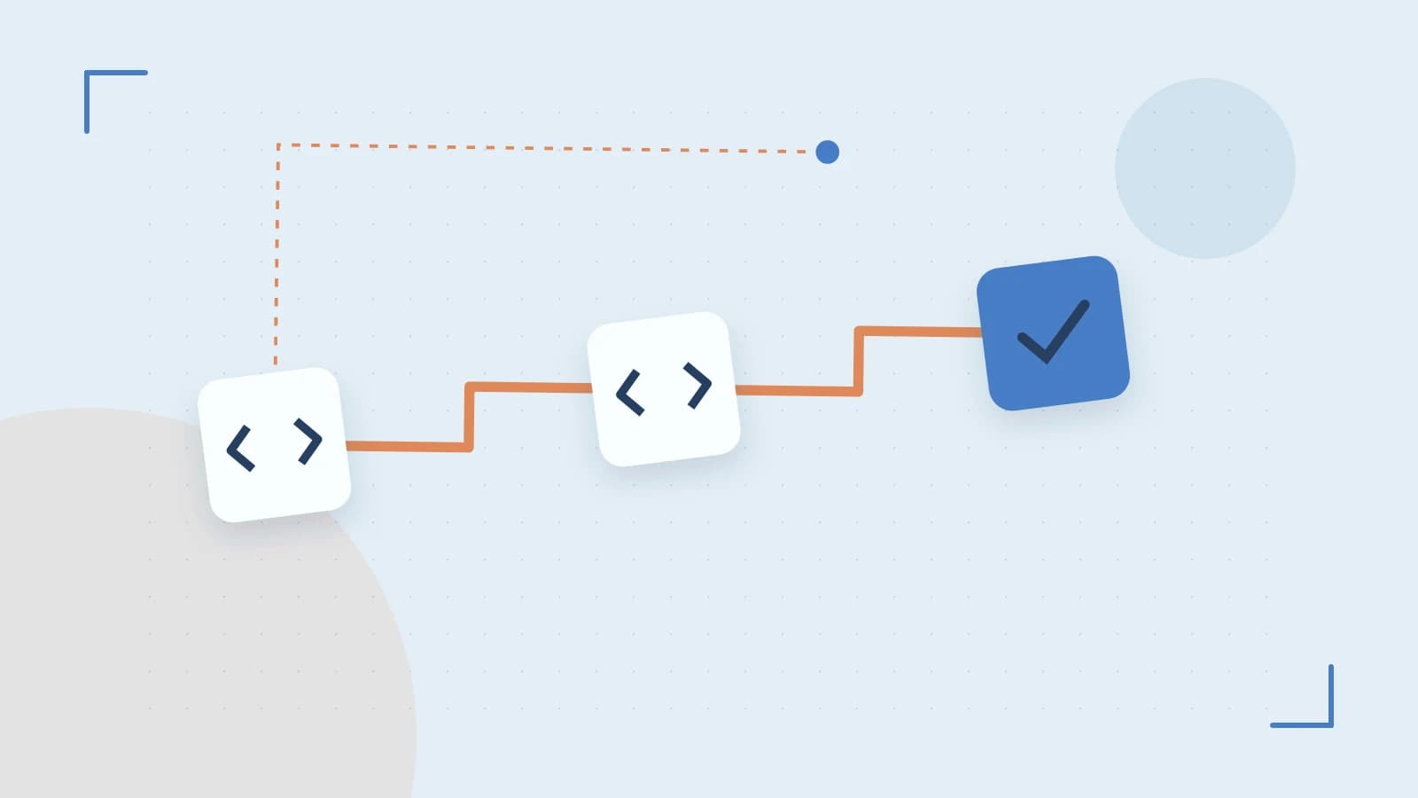 Editorial illustration of a branching build pipeline, staged transformations and a completed check