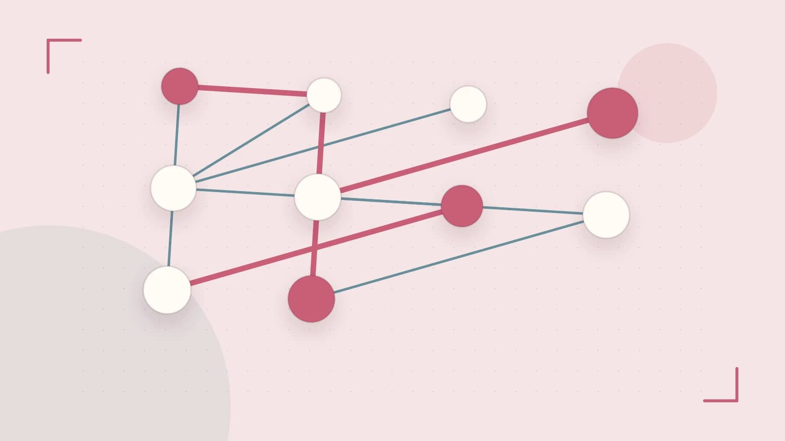 Editorial illustration of an algorithmic node graph with branching paths and a highlighted result