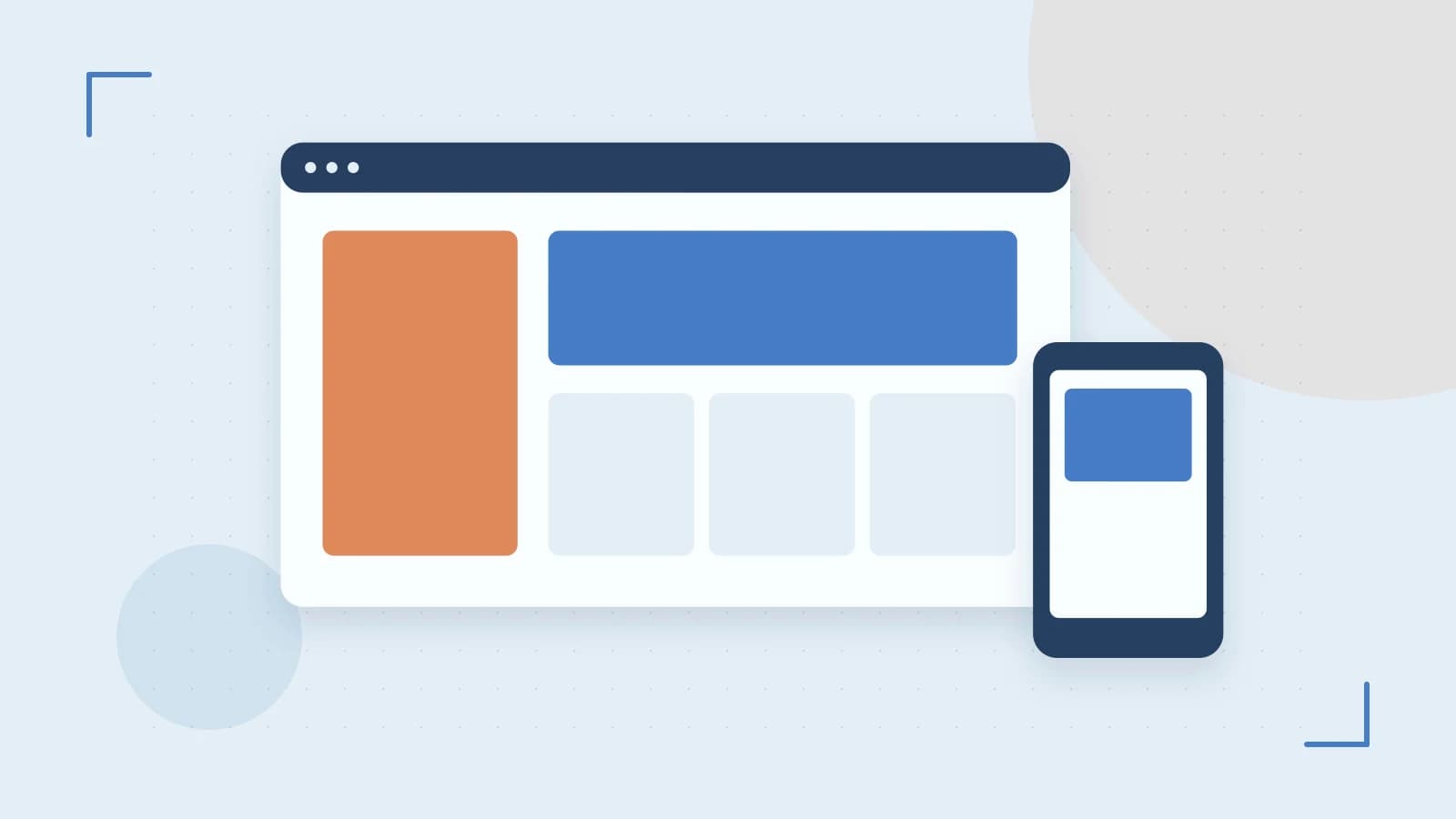 Editorial illustration of responsive browser layouts, overlapping design components and a color system