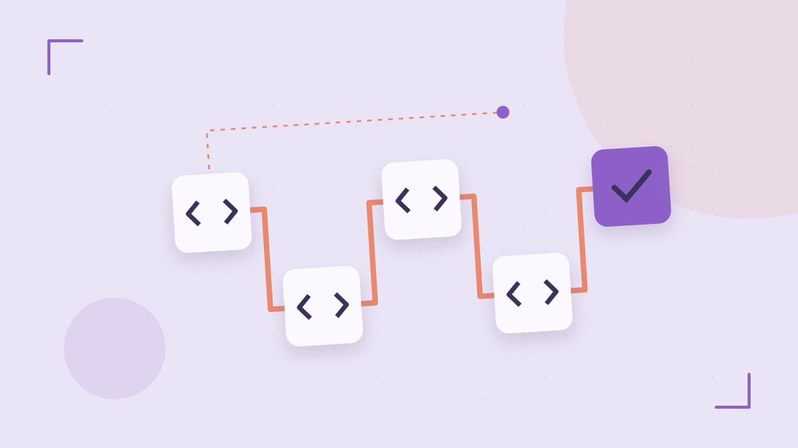 Editorial illustration of a branching build pipeline, staged transformations and a completed check