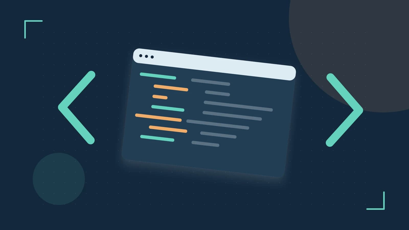 Editorial illustration of an abstract code editor, syntax blocks and oversized programming brackets