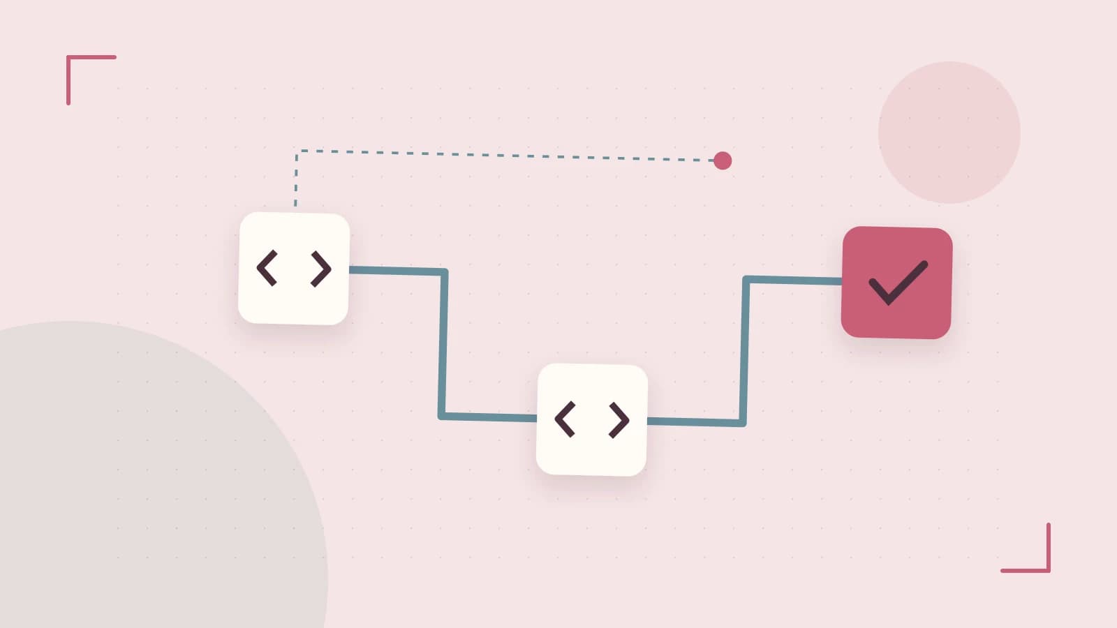Editorial illustration of a branching build pipeline, staged transformations and a completed check