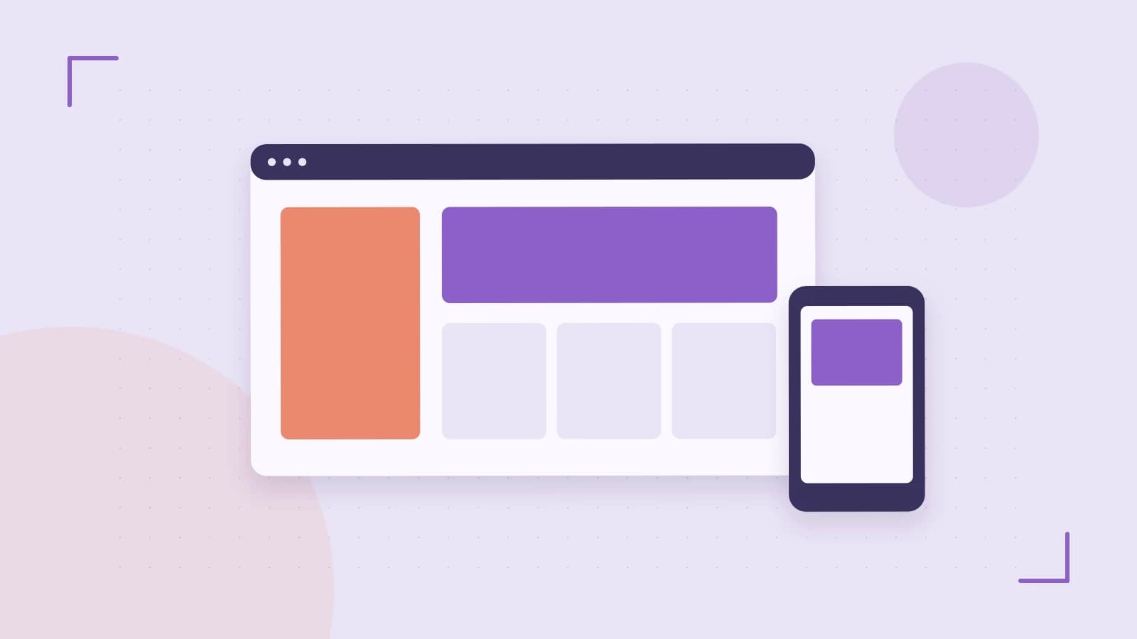 Editorial illustration of responsive browser layouts, overlapping design components and a color system