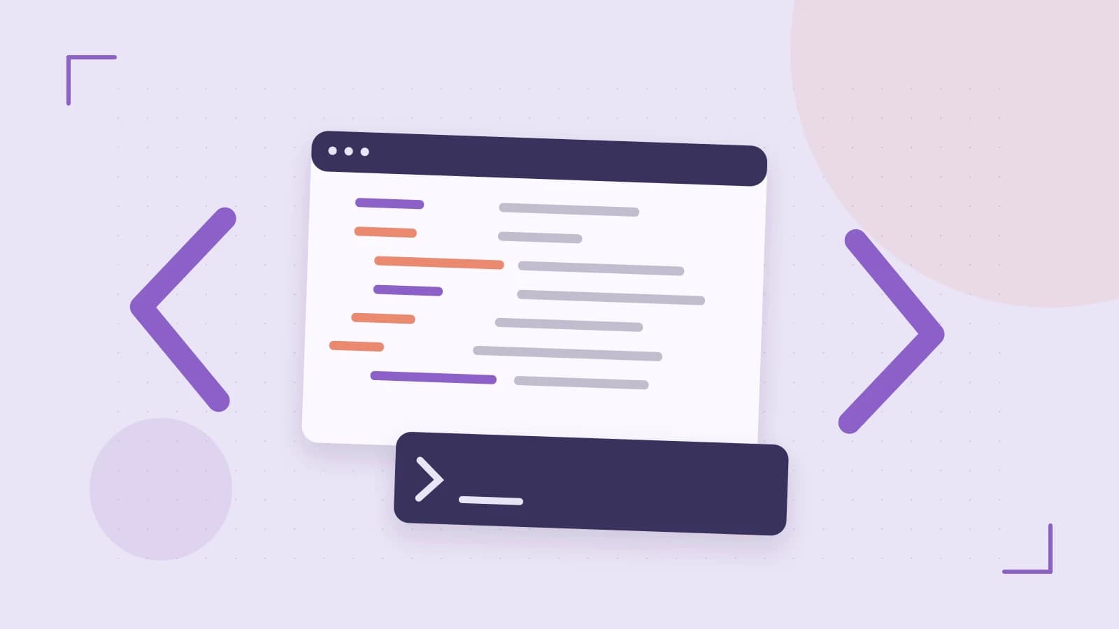 Editorial illustration of an abstract code editor, syntax blocks and oversized programming brackets