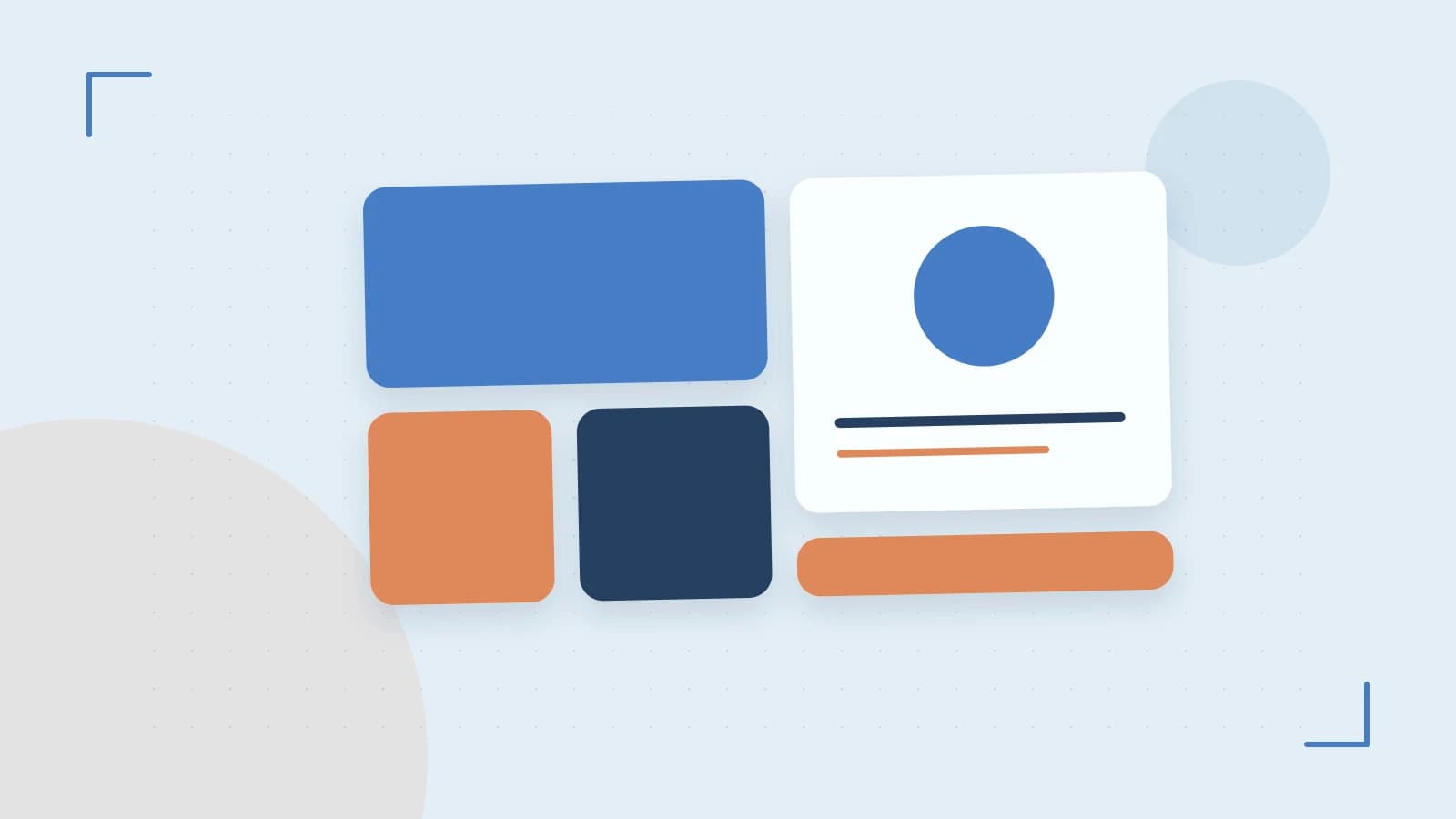 Editorial illustration of responsive browser layouts, overlapping design components and a color system
