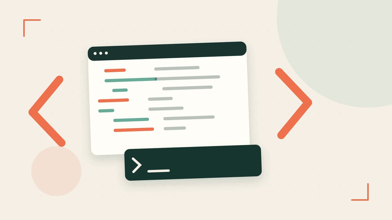 Editorial illustration of an abstract code editor, syntax blocks and oversized programming brackets