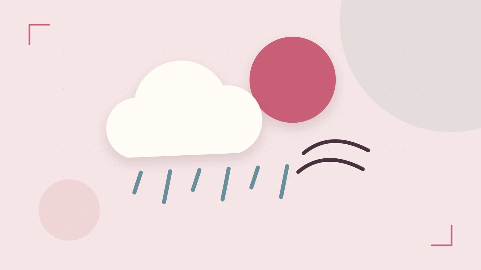Editorial illustration of a sun, layered clouds, raindrops and flowing weather patterns