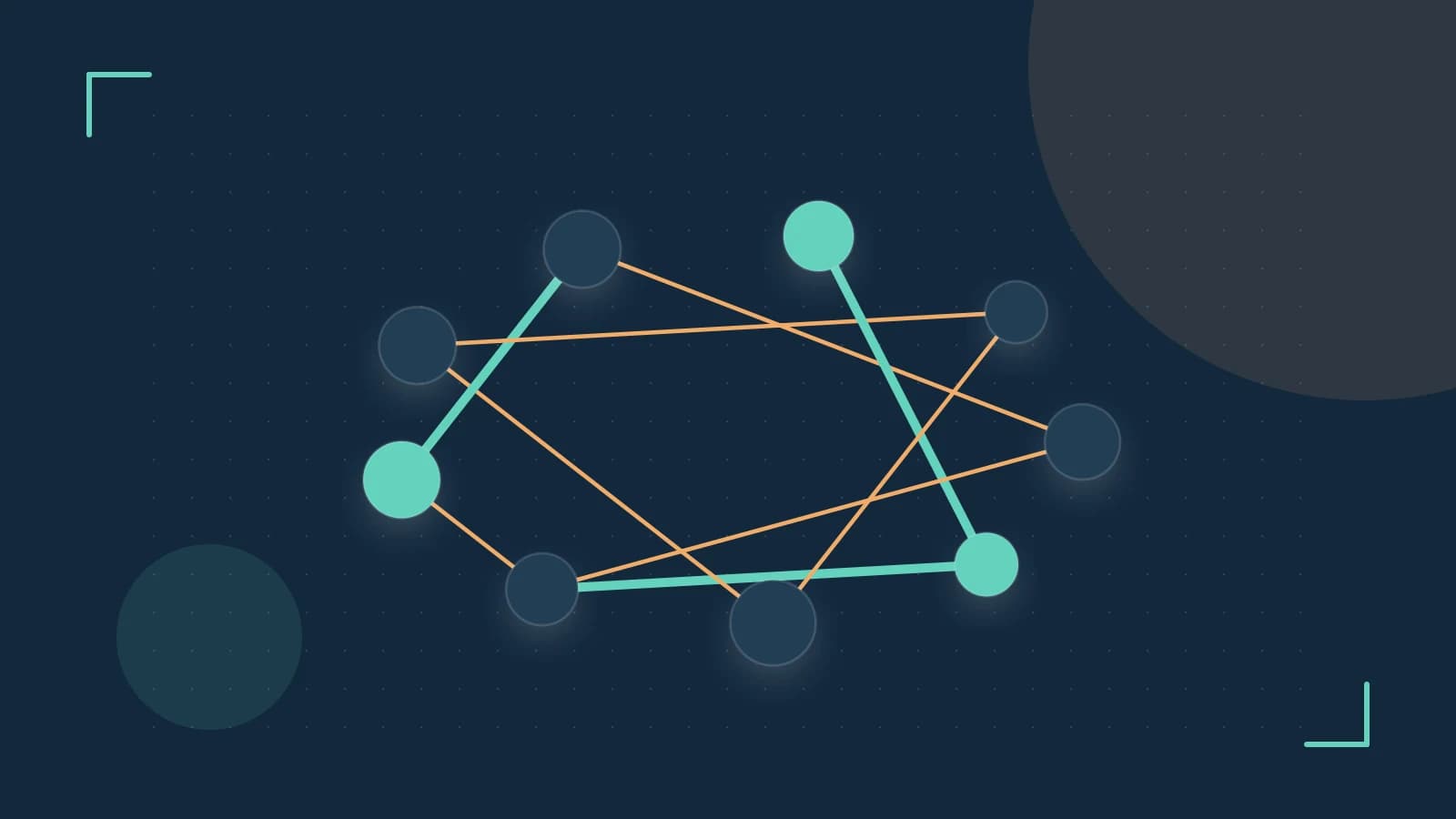 Editorial illustration of an algorithmic node graph with branching paths and a highlighted result