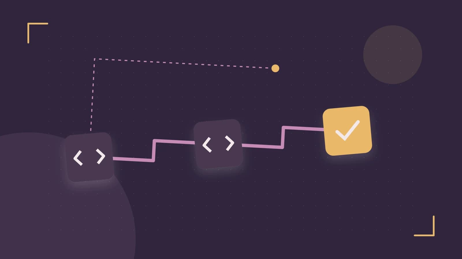 Editorial illustration of a branching build pipeline, staged transformations and a completed check