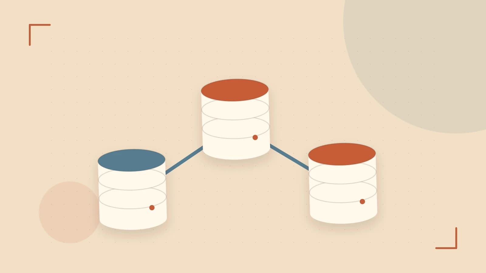 Editorial illustration of structured records, database cylinders and relationships between tables