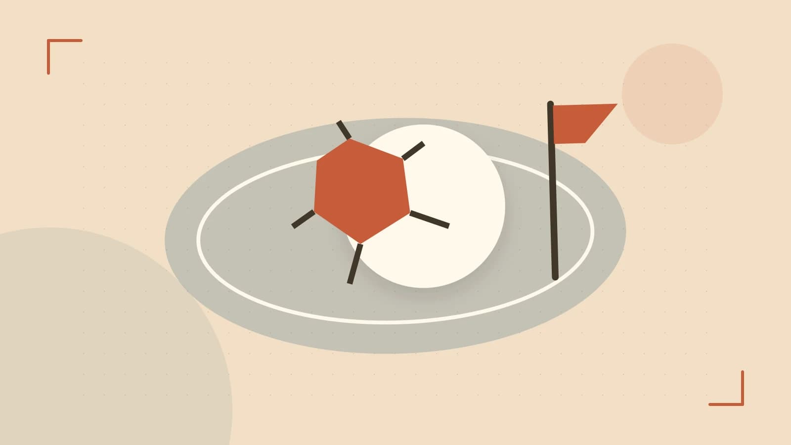 Editorial illustration of a stylized sports ball, stadium geometry and dynamic arcs