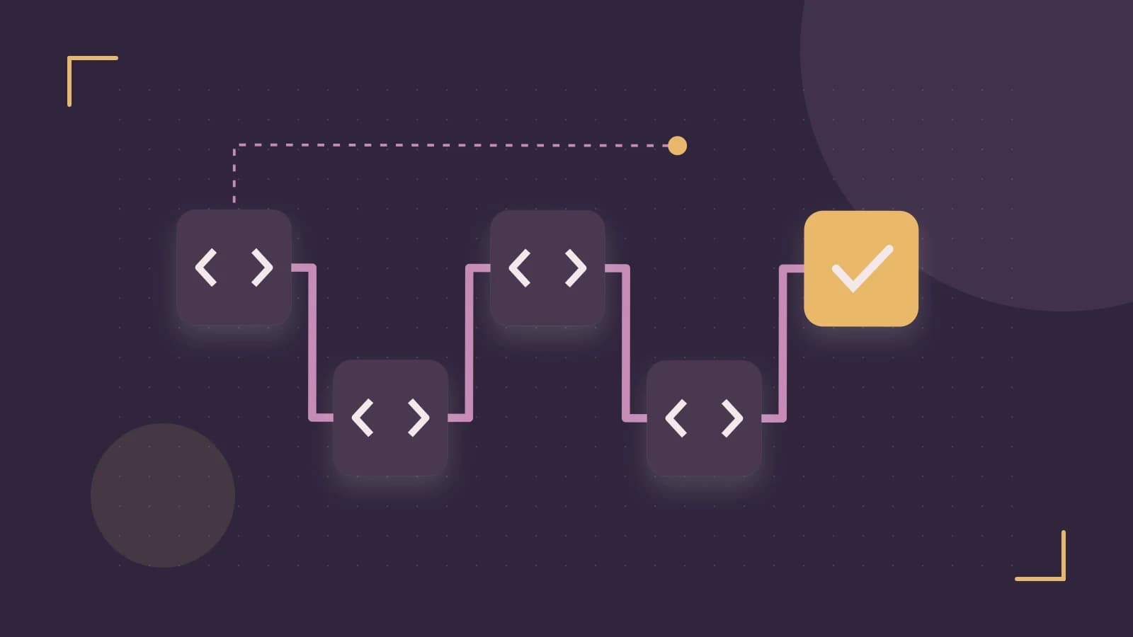 Editorial illustration of a branching build pipeline, staged transformations and a completed check