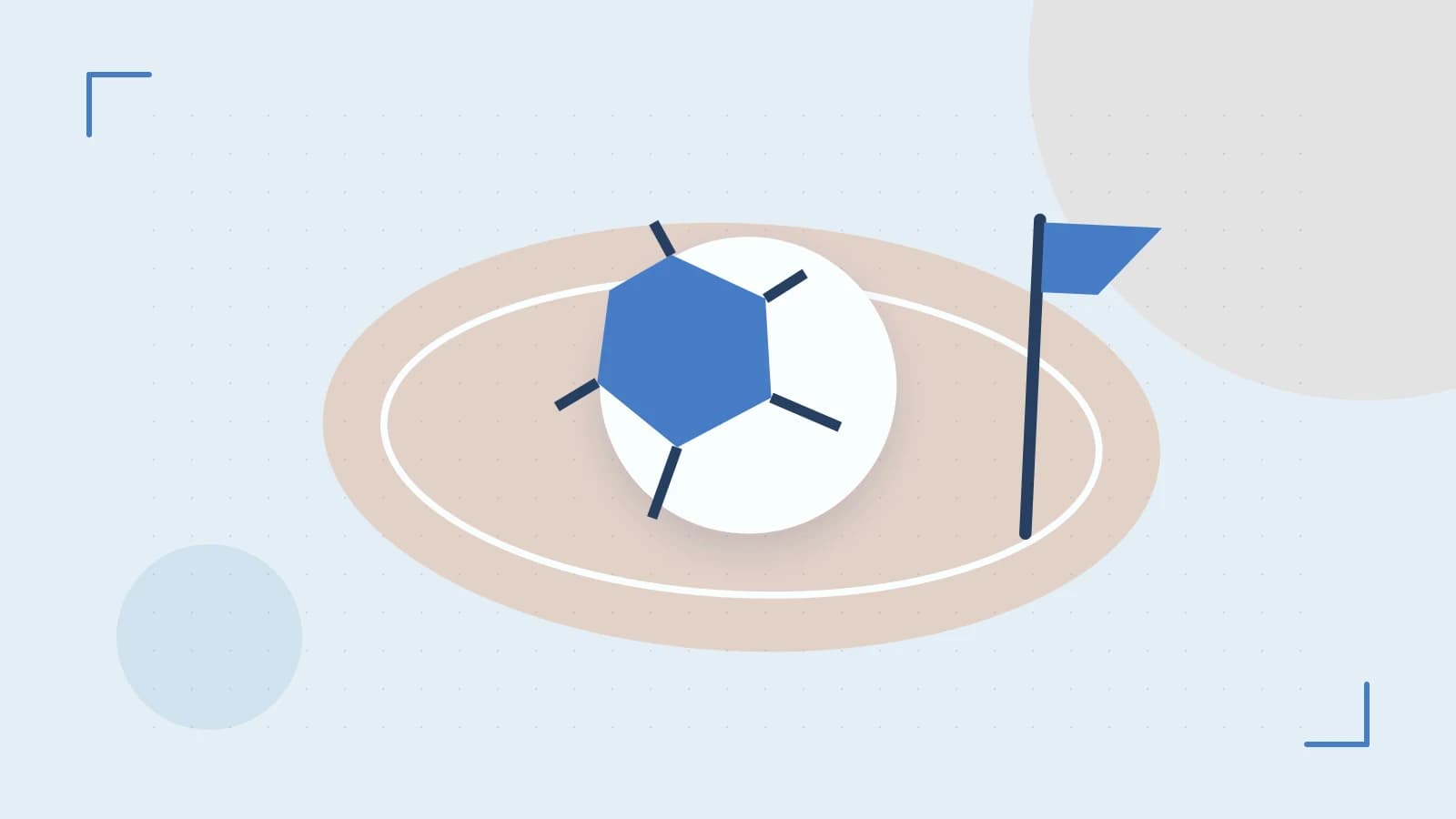 Editorial illustration of a stylized sports ball, stadium geometry and dynamic arcs