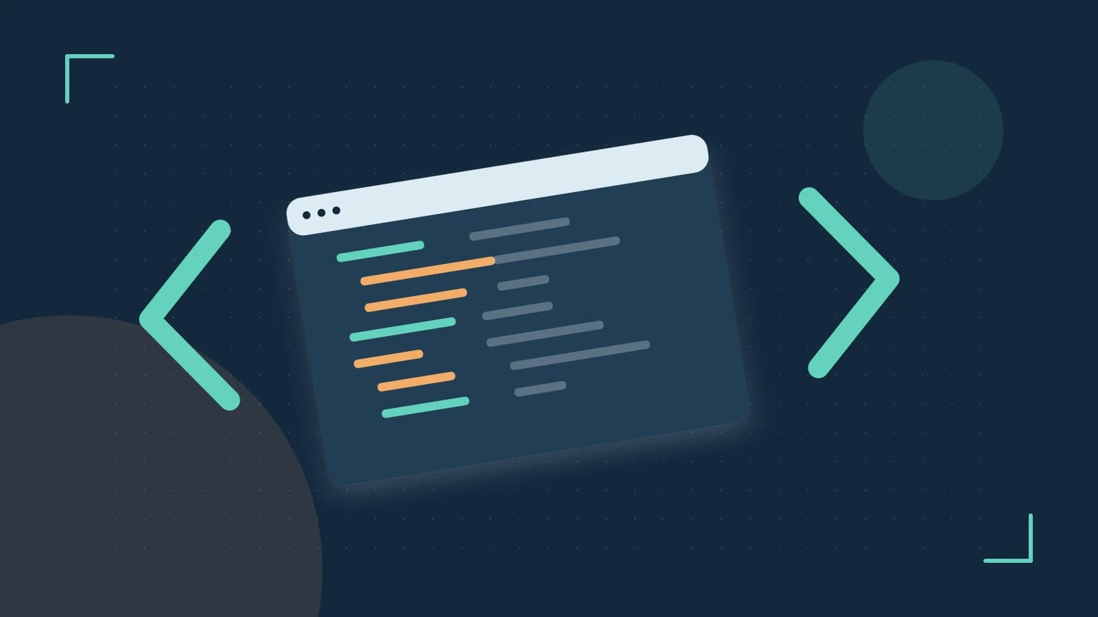 Editorial illustration of an abstract code editor, syntax blocks and oversized programming brackets