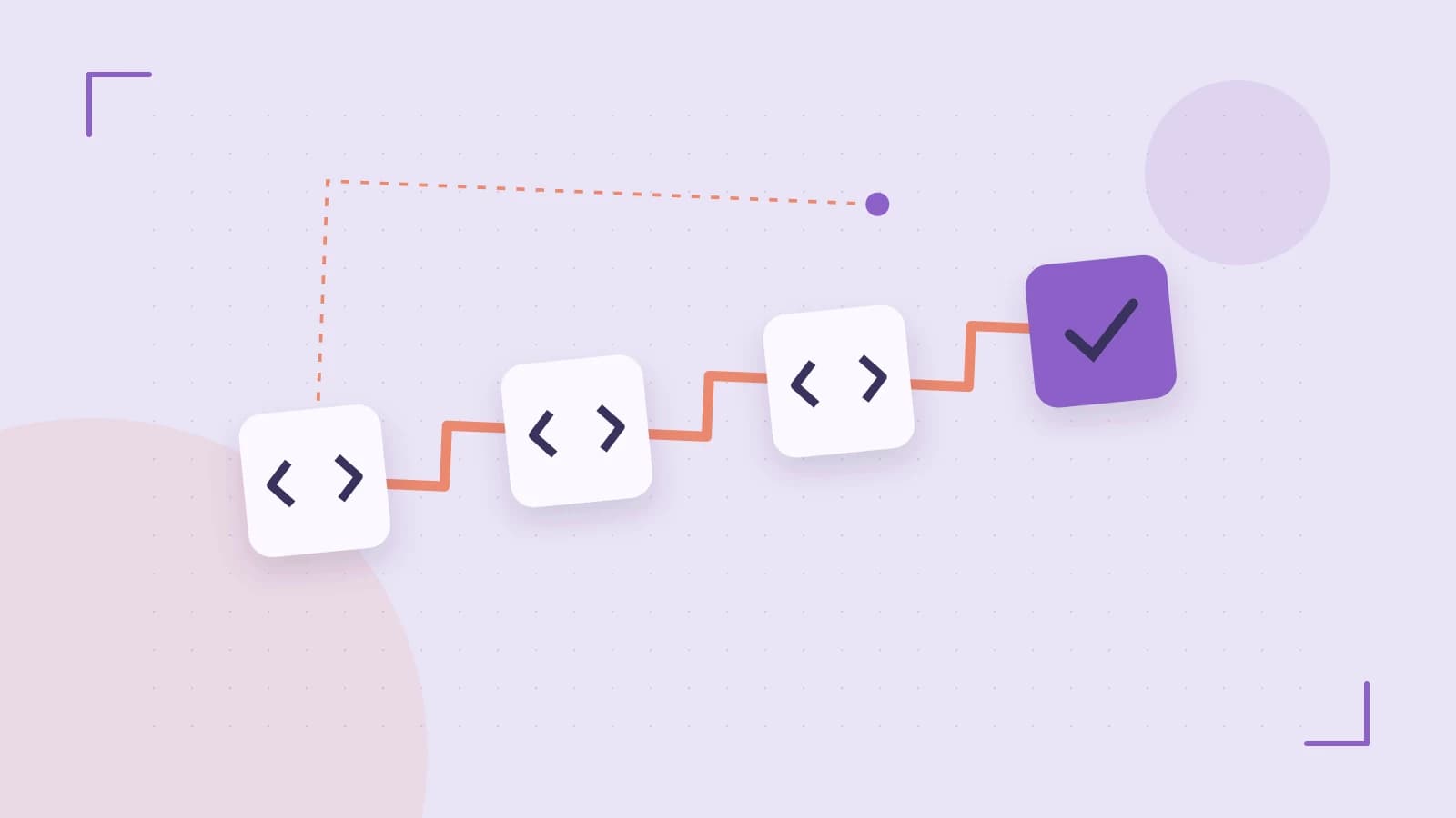 Editorial illustration of a branching build pipeline, staged transformations and a completed check
