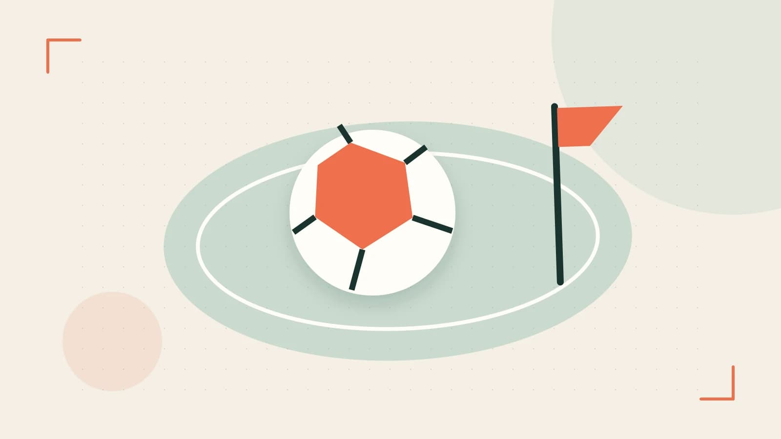 Editorial illustration of a stylized sports ball, stadium geometry and dynamic arcs