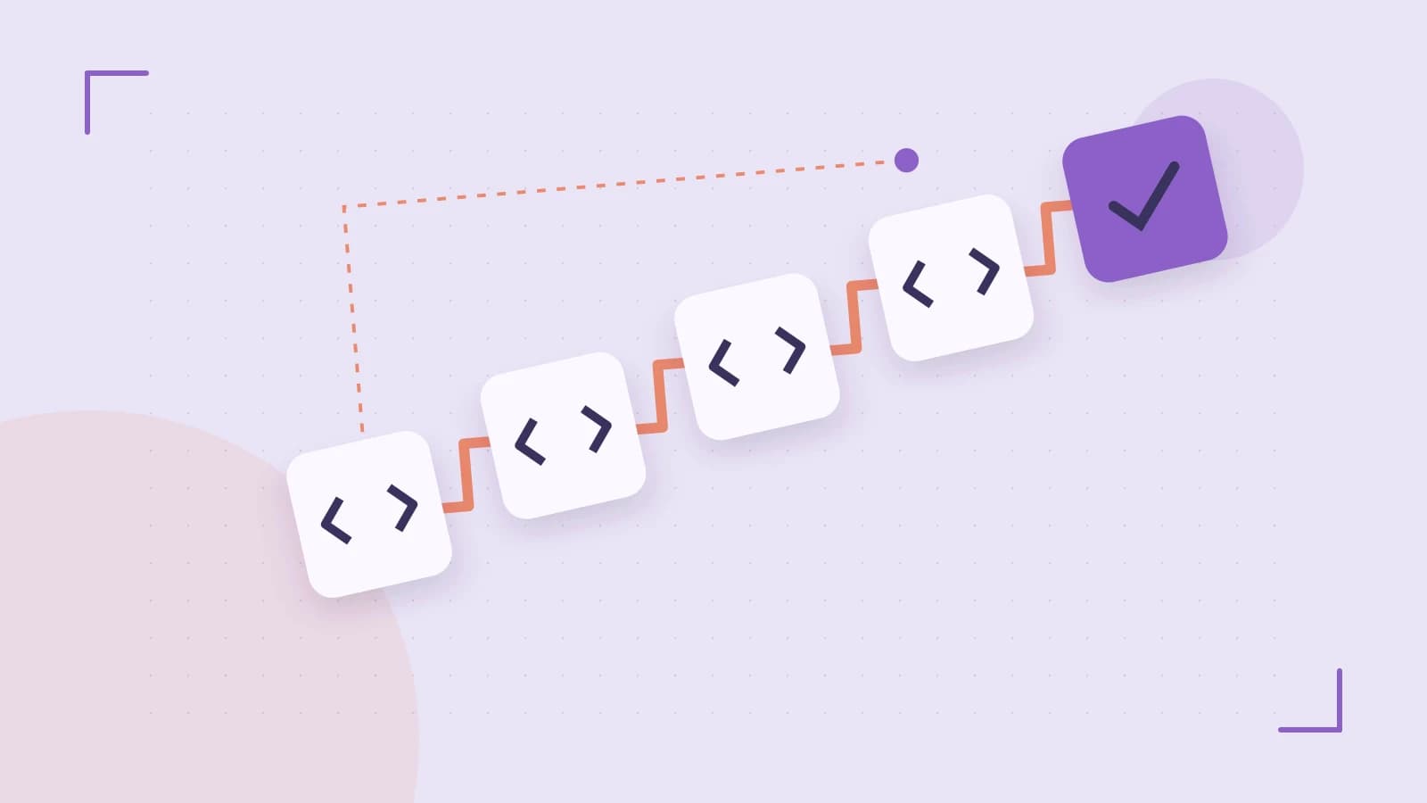 Editorial illustration of a branching build pipeline, staged transformations and a completed check