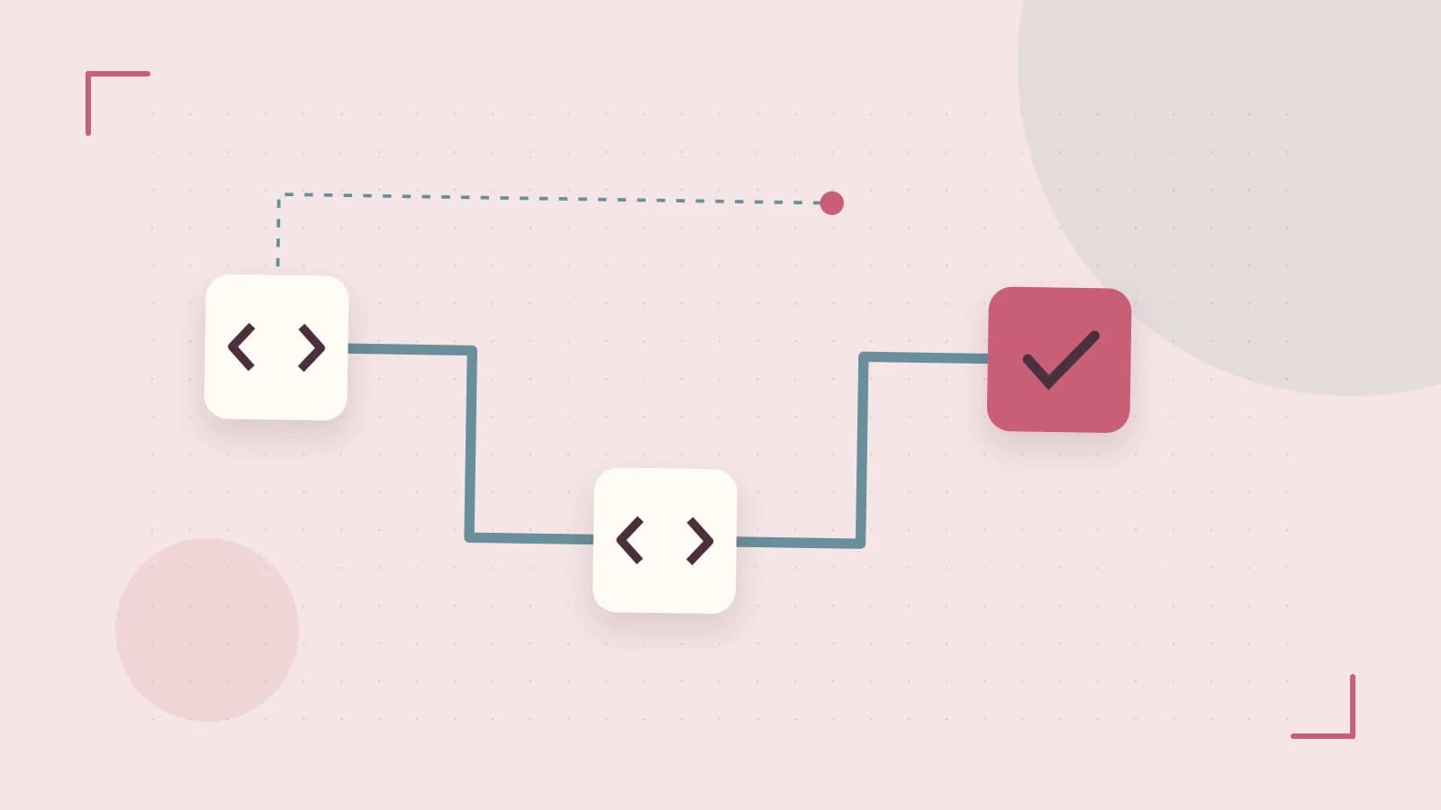 Editorial illustration of a branching build pipeline, staged transformations and a completed check