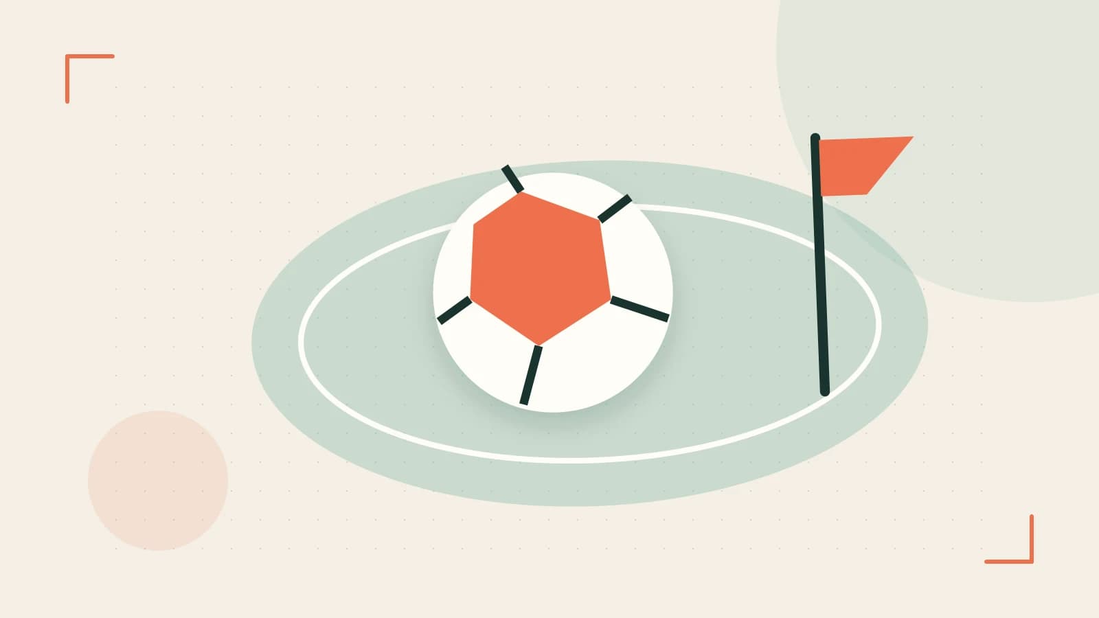 Editorial illustration of a stylized sports ball, stadium geometry and dynamic arcs