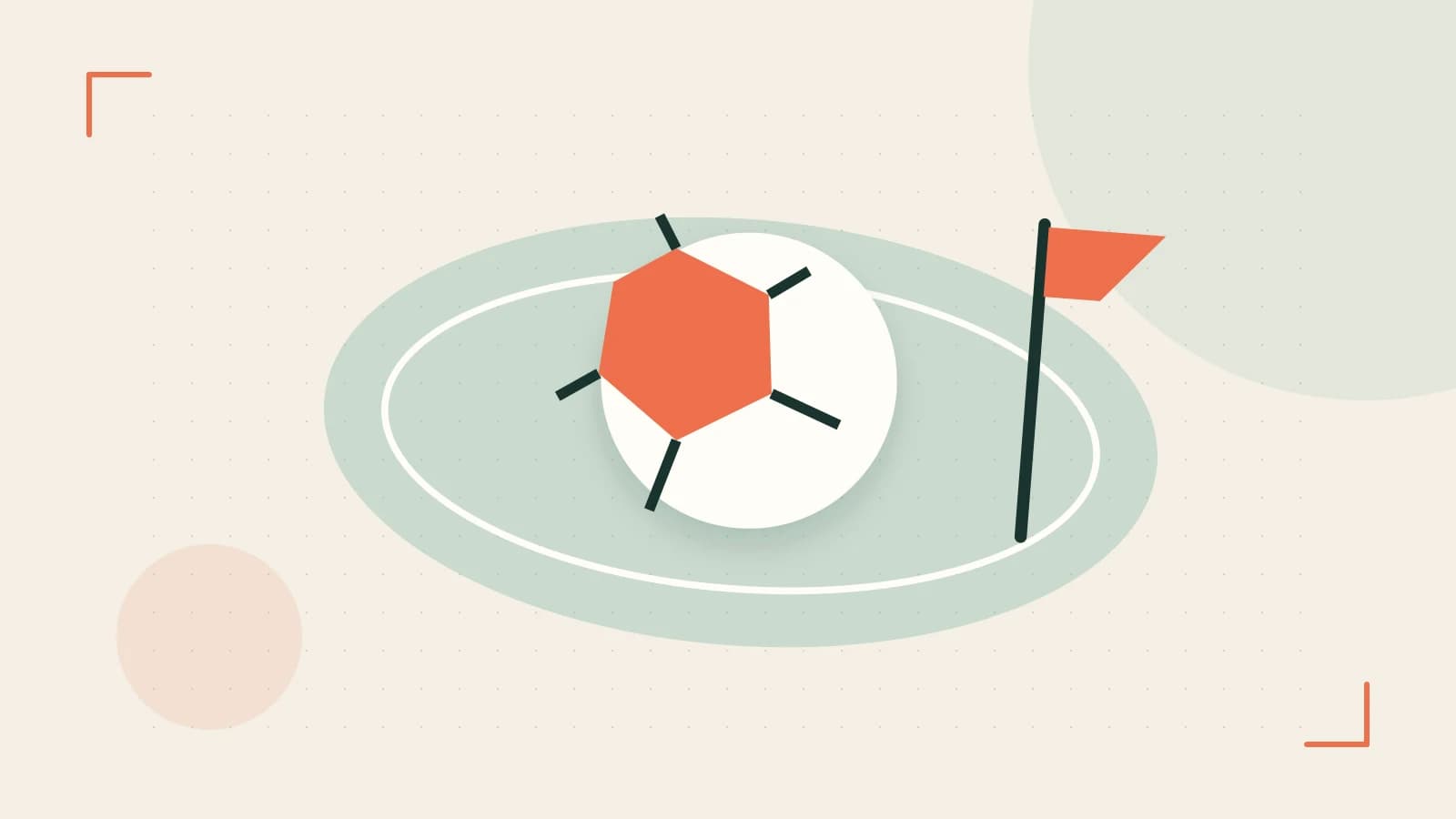 Editorial illustration of a stylized sports ball, stadium geometry and dynamic arcs