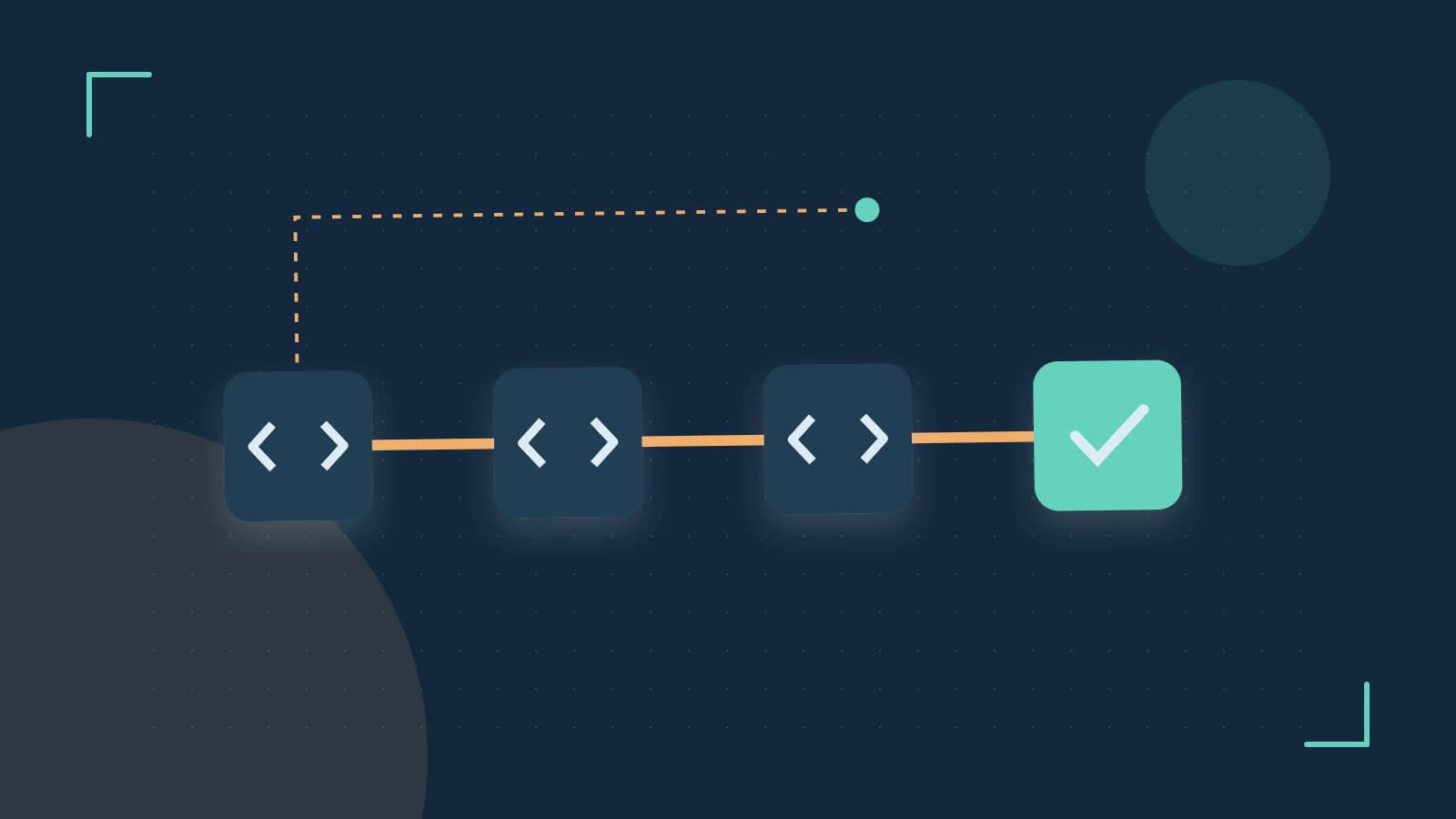 Editorial illustration of a branching build pipeline, staged transformations and a completed check