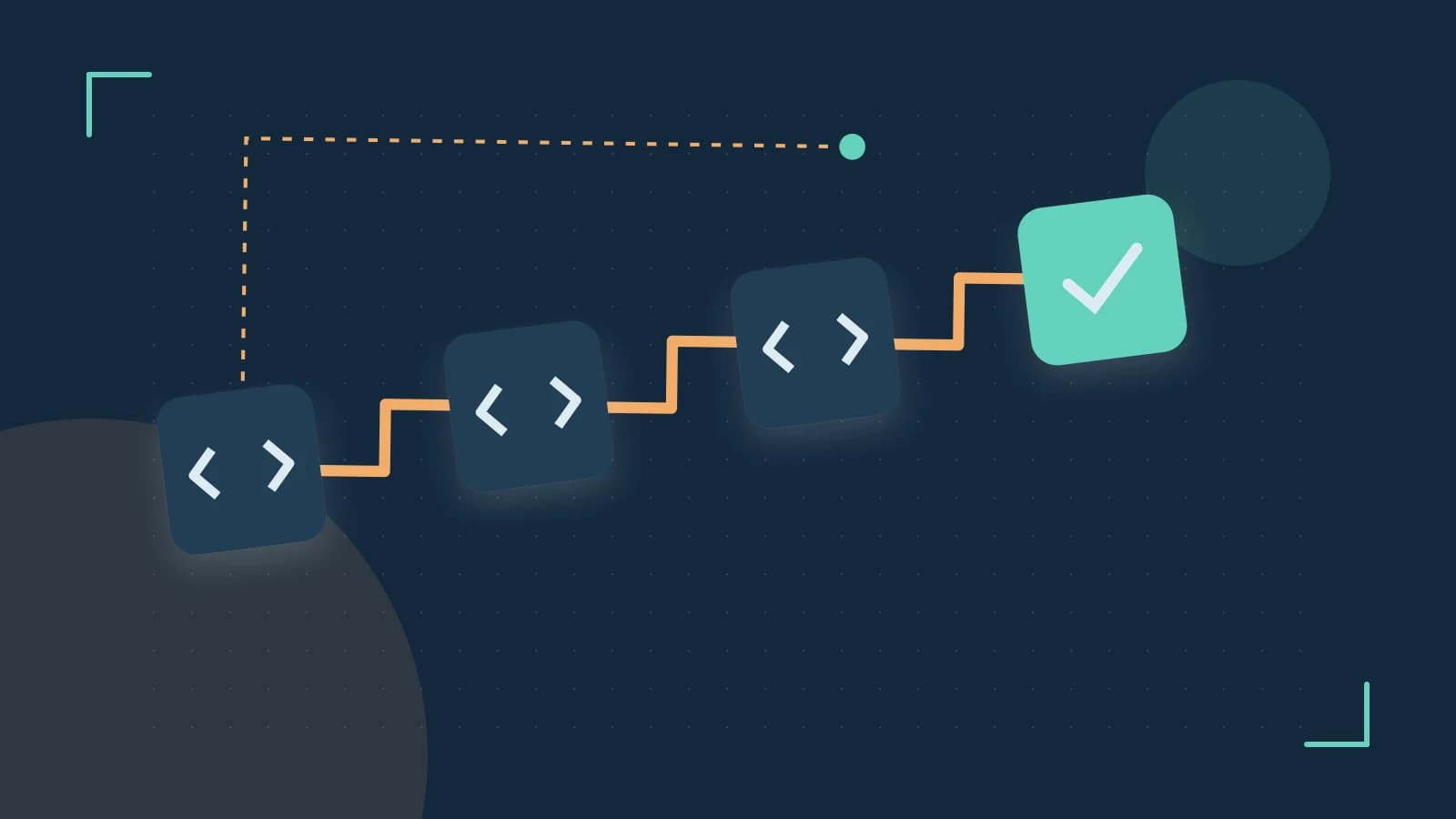 Editorial illustration of a branching build pipeline, staged transformations and a completed check