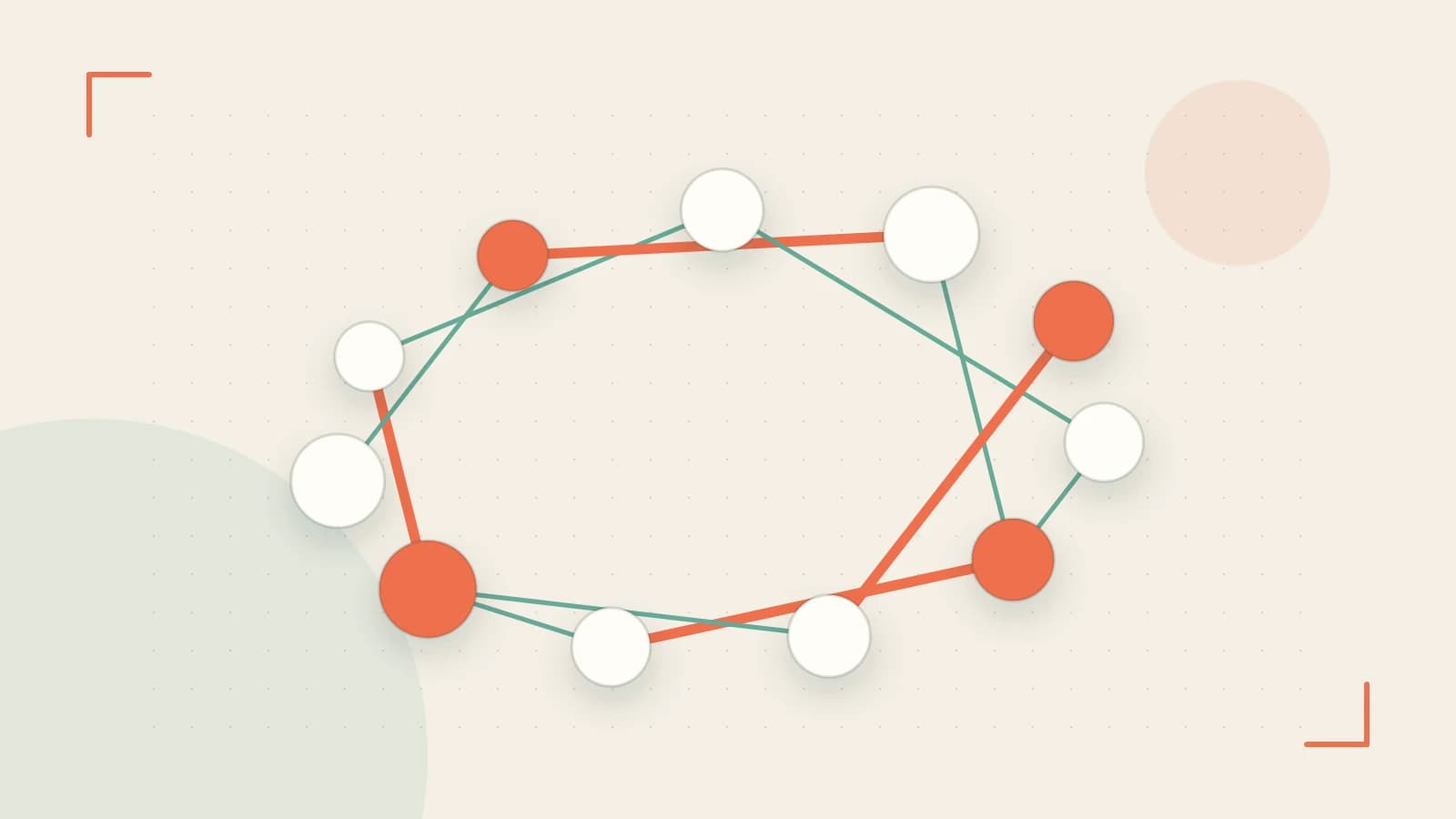 Editorial illustration of an algorithmic node graph with branching paths and a highlighted result