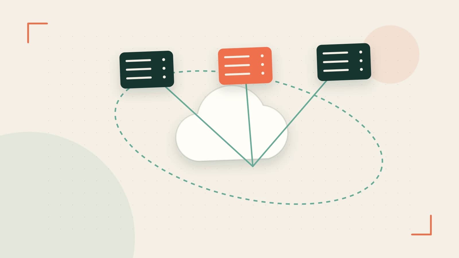 Editorial illustration of cloud infrastructure, connected server racks and an orbital service map