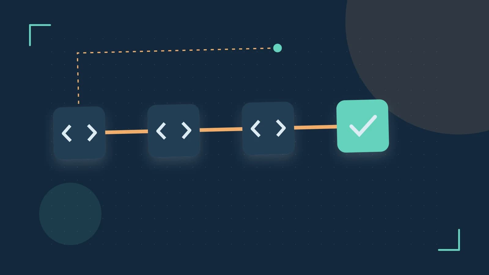 Editorial illustration of a branching build pipeline, staged transformations and a completed check