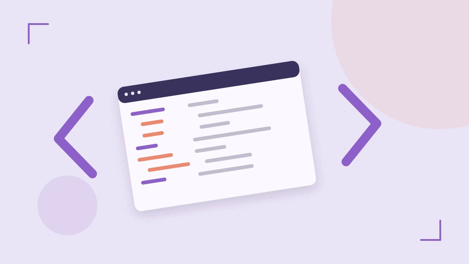 Editorial illustration of an abstract code editor, syntax blocks and oversized programming brackets