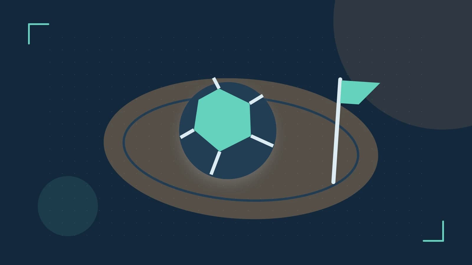Editorial illustration of a stylized sports ball, stadium geometry and dynamic arcs