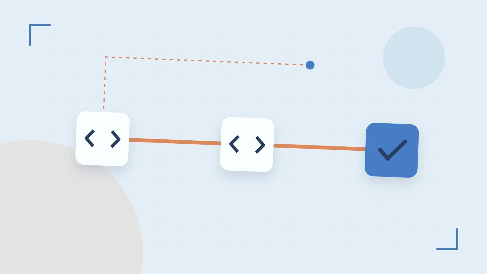 Editorial illustration of a branching build pipeline, staged transformations and a completed check