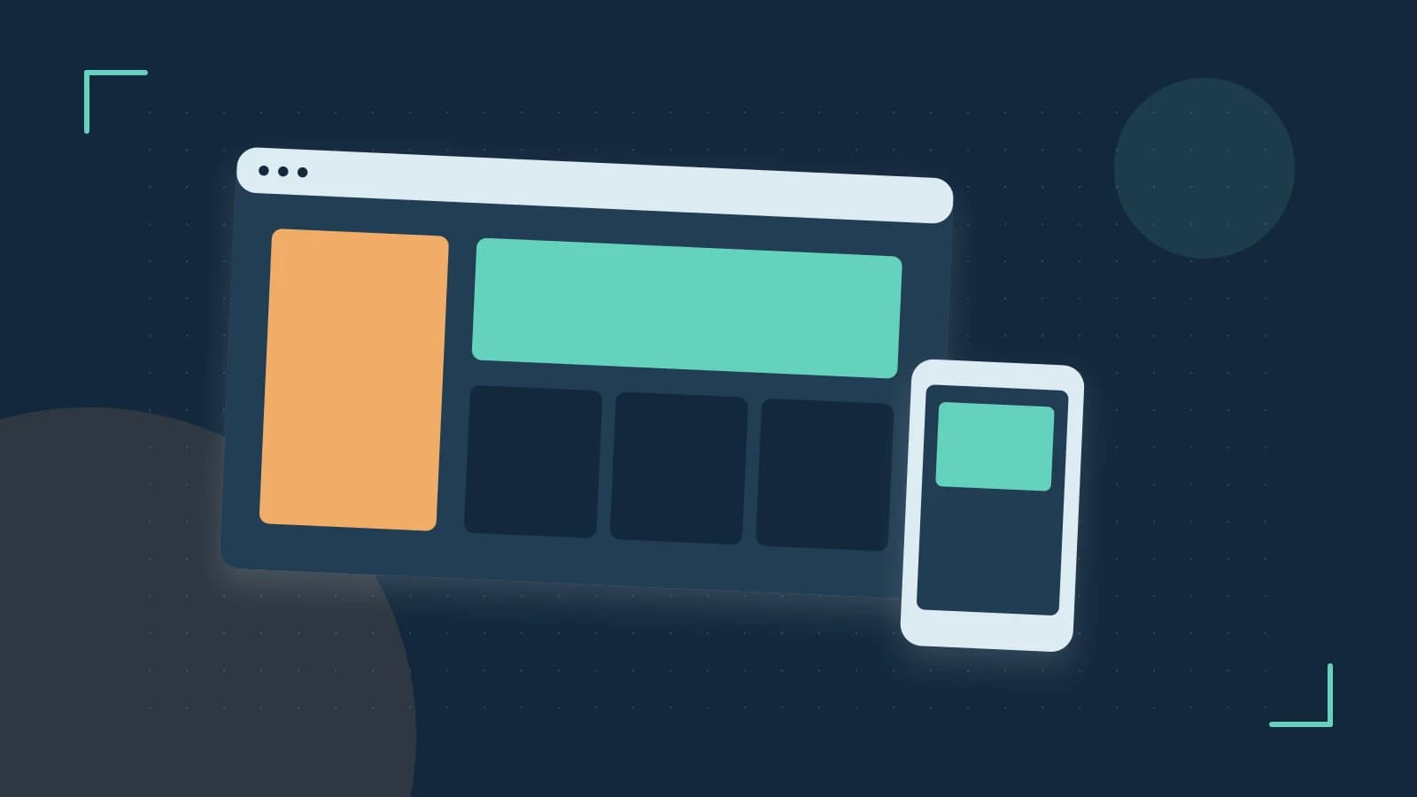 Editorial illustration of responsive browser layouts, overlapping design components and a color system