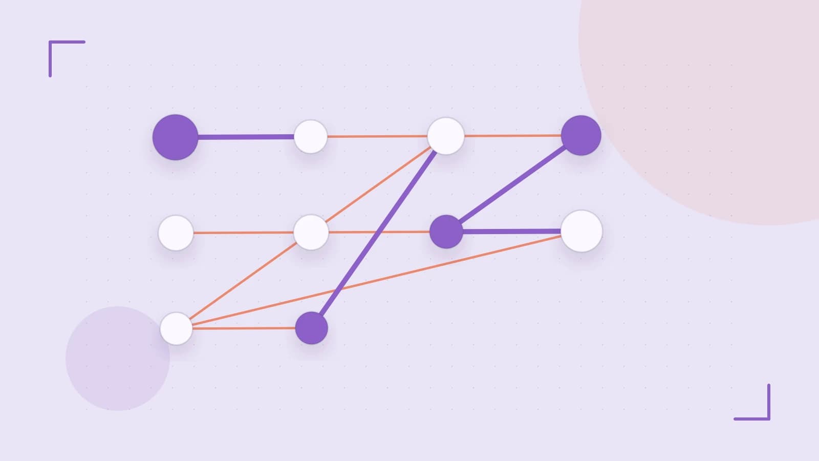 Editorial illustration of an algorithmic node graph with branching paths and a highlighted result