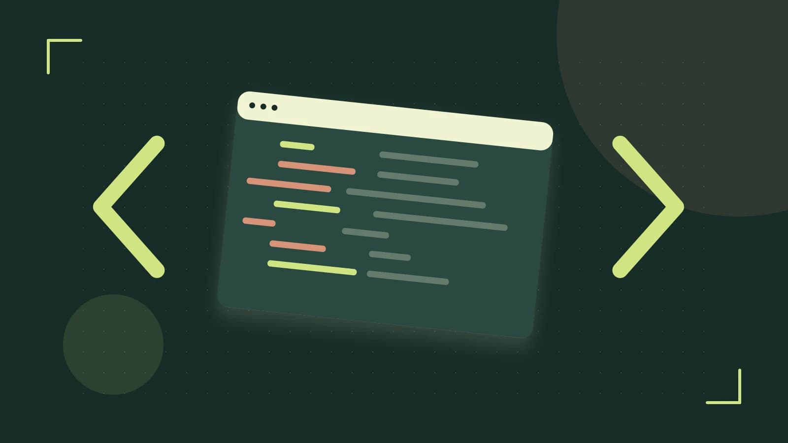 Editorial illustration of an abstract code editor, syntax blocks and oversized programming brackets