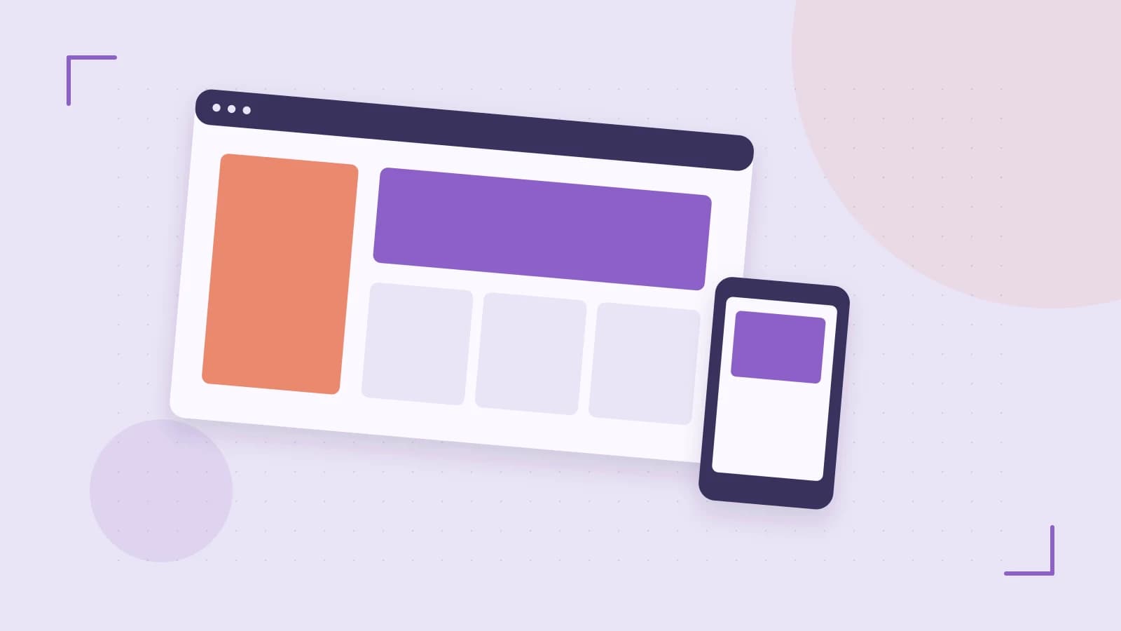 Editorial illustration of responsive browser layouts, overlapping design components and a color system