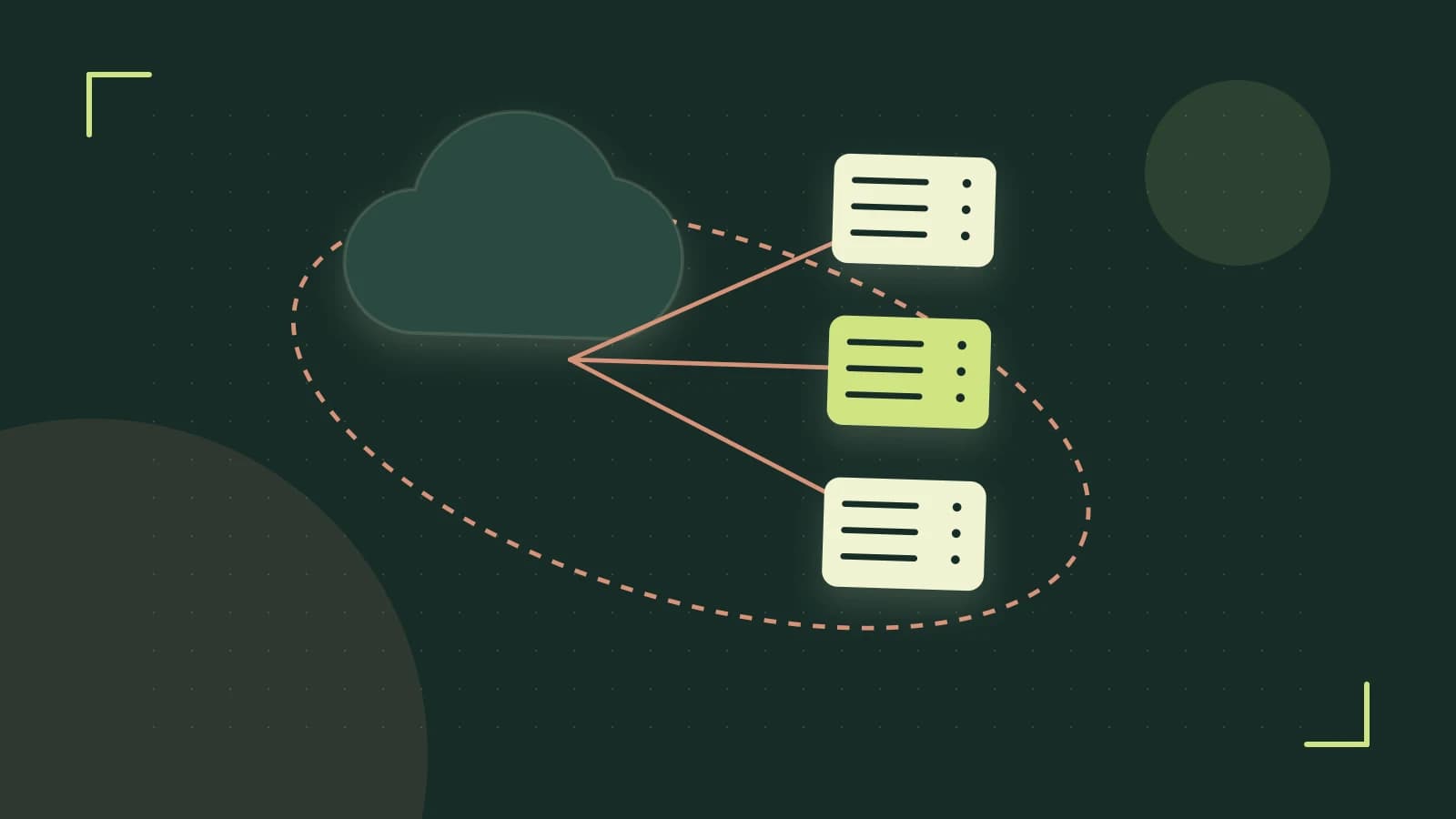 Editorial illustration of cloud infrastructure, connected server racks and an orbital service map