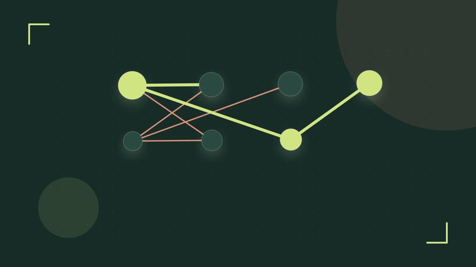 Editorial illustration of an algorithmic node graph with branching paths and a highlighted result